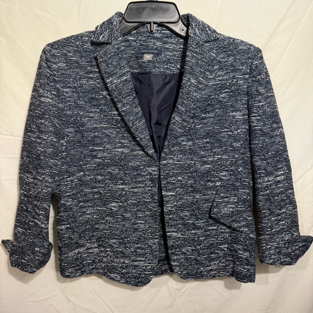 Tommy Hilfiger Navy & White Textured Tweed Jacket w/Ruffled Back Size 8